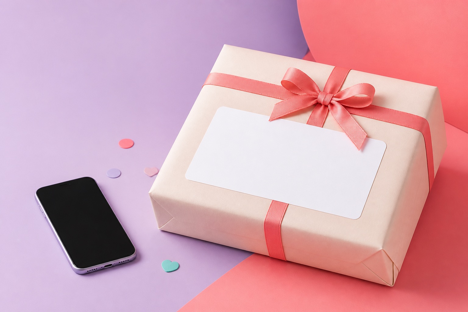 宛名ラベルを貼る前のプレゼントとスマートフォン